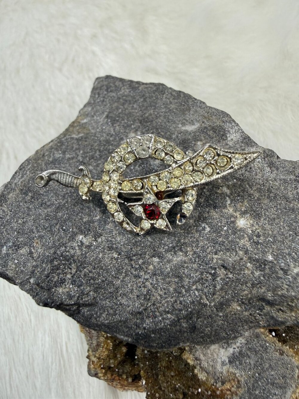 Vintage Shriners Rhinestone Brooch Pin .75" X 1.75" Missing Rhinestones